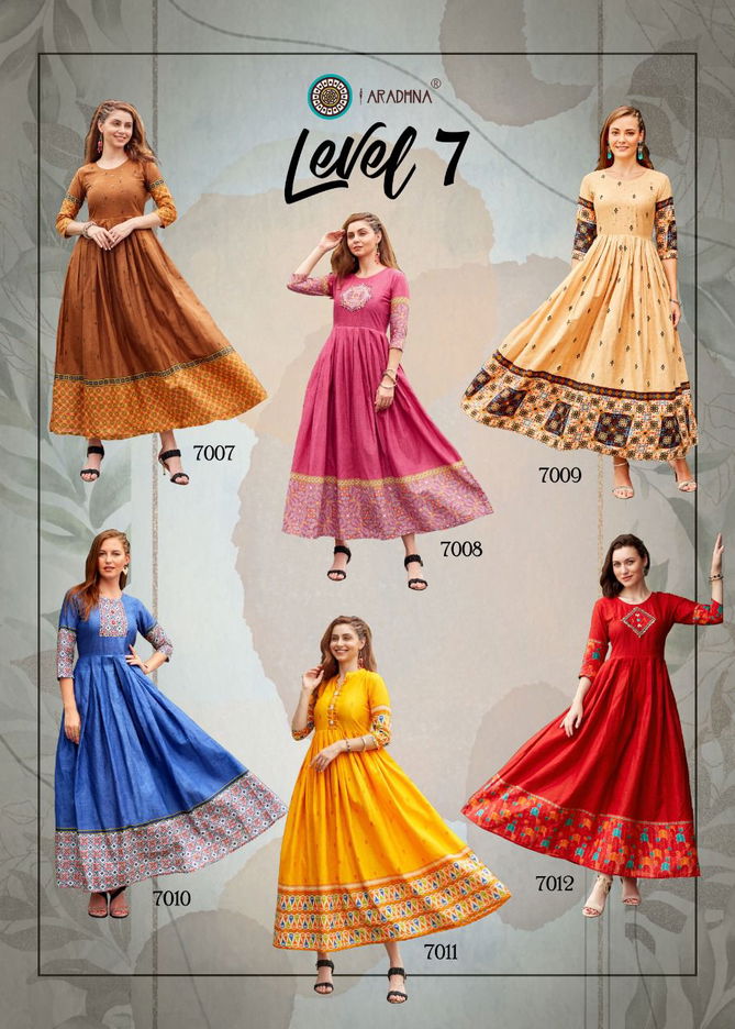 Aradhna Level 7 Fancy Wear Wholesale Cotton Anarkali Kurtis Catalog
